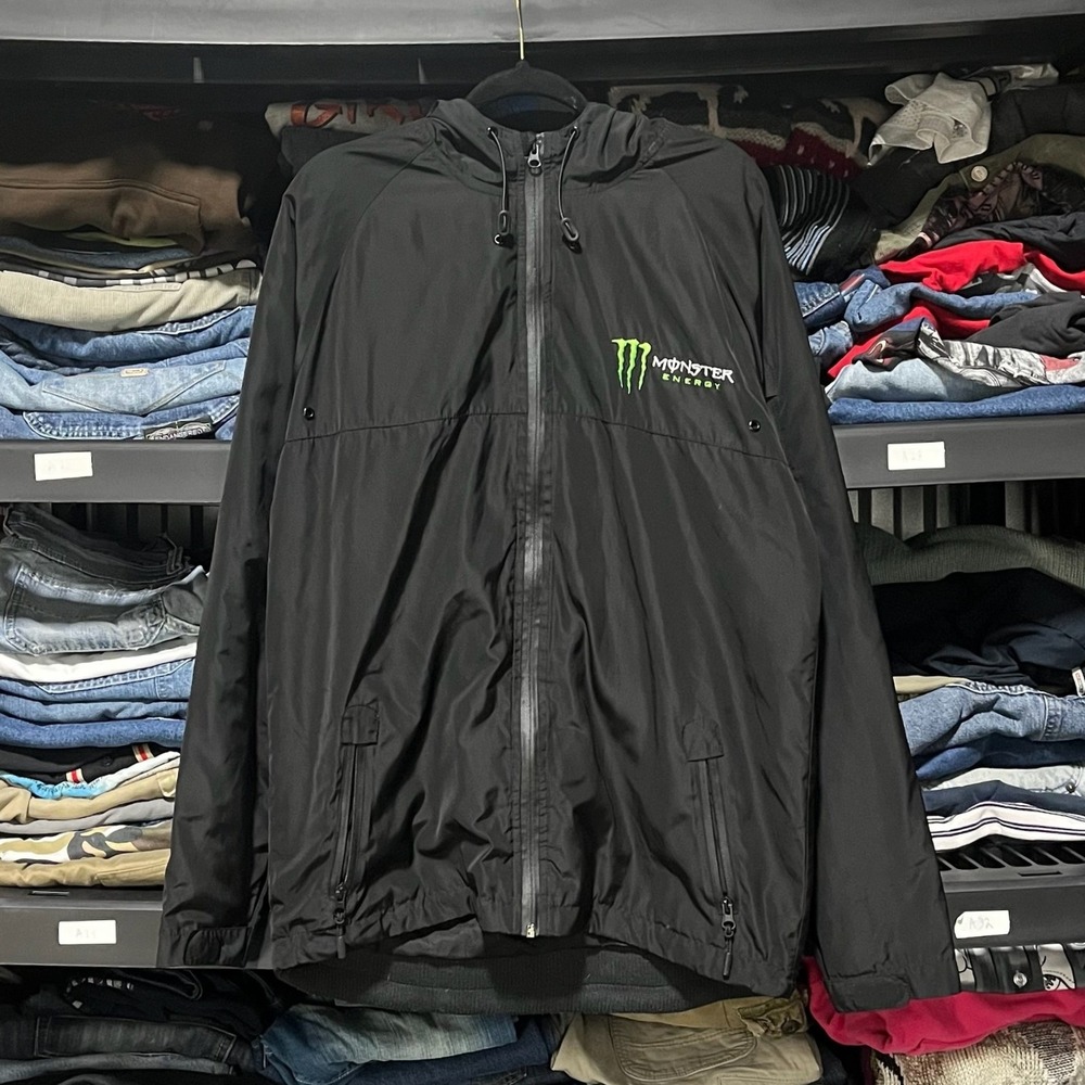 Monster Energy Full Zip Jacket Hooded Lightweight Windbreaker Black Y2K Grunge
